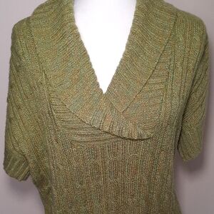 Dress Barn Women's Shawl Collar Cable Knit Short Sleeve Green Marled Sweater
